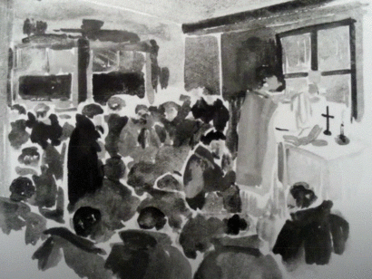 La Santa Messa clandestina del Natale 1944 nel campo di concentramento di Wietzendorf, disegno di Tullio Battaglia