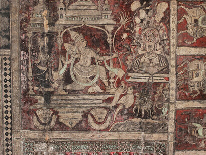 This photograph of the Vijayanagara-period ceiling murals inside the mantapa of the Virupaksha Temple in Hampi, a UNESCO World Heritage Site in the Bellary district of Karnataka, India