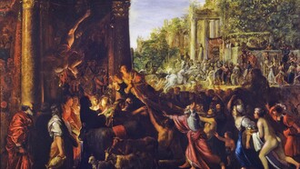 Adam Elsheimer (1578–1610). "El Contento"' ilustra un episodio de la novela picaresca española 'Guzmán de Alfarache', publicada por Mateo Alemán en Madrid en 1599 y publicada en versión italiana en 1606.
En la historia, la gente de la Tierra adoraba al dios Contento (dios de la alegría y la felicidad) más que a cualquier otro