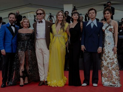 The cast of Don't Worry Darling on the red carpet at the Venice Premiere