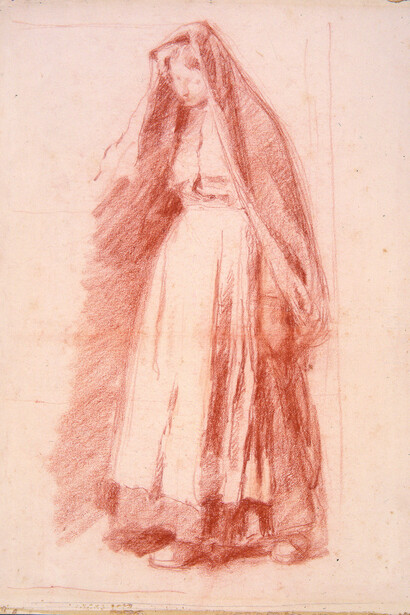 Giuseppe Mentessi, Donna con velo sul capo – Studio per “Ora triste, sanguigna su carta incollata a cartone, mm 500 x 360; Ferrara, Gallerie d’Arte Moderna e Contemporanea