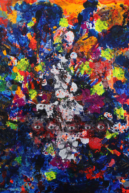 Precaution: Five Eyes, 2018, acrylic, oil colour, photo collage, resin, colour pigment, thread, and glitter on canvas, 182.5 x 147 cm, © Entang Wiharso, courtesy of the artist and Mizuma Gallery