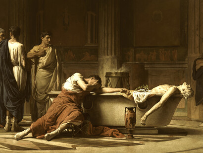 «Séneca, después de abrirse las venas, se mete en un baño y sus amigos, poseídos de dolor, juran odio a Nerón que decretó la muerte de su maestro» (1871), Manuel Domínguez Sánchez