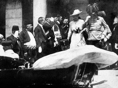 Franz Ferdinand and his wife Sophie leave the Sarajevo Guildhall after reading a speech on June 28 1914. They were assassinated five minutes later
