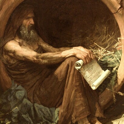 Diógenes en su tonel: sección del cuadro de John William Waterhouse centrado en la figura del filósofo cínico