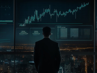 A corporate professional navigates a cutting-edge business landscape, seamlessly blending technology and innovation in a futuristic workplace setting