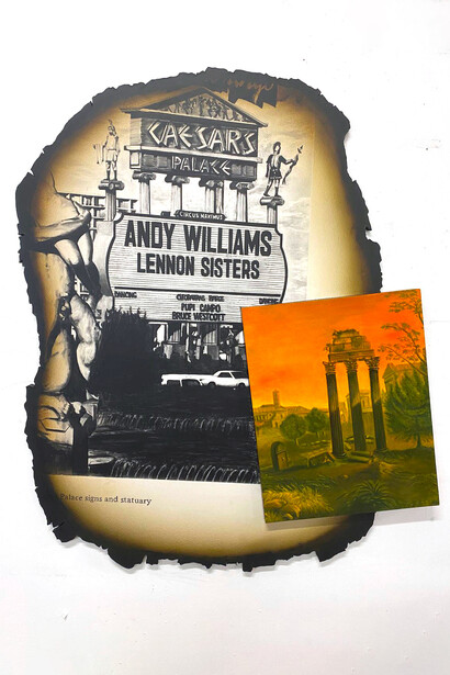 Bryce Delplanque, Learning from Las Vegas, Fusain, café, vernis automobilemat sur bois (grand format), Huile et acrylique sur bois et vernis automobile brillant sur bois (petit format). Courtesy of Galerie Prima 