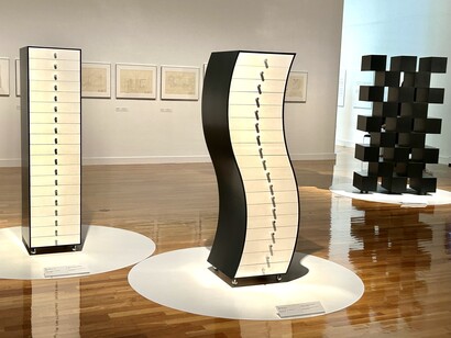 Exhibition view, Shiro Kuramata, Furniture with Drawers Vol. 2 #5, 1970, Kuramata Design Office; Furniture in Irregular Forms Side 1, 1970, Production: c.2000, Aoshima Shoten M Plus Inc.; Checked Drawers #1, 1975, Production: 2011, Artizon Museum, Ishibashi Foundation, Tokyo, Photo: Alma Reyes