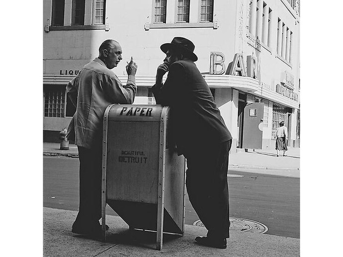 Bill Rauhauser, Conversation, c. 1955-1960, pigment print on archival paper, Framed Dimensions: 28 1/2 x 28 1/2 inches  72.4 x 72.4 cm, Courtesy Hill Gallery, Birmingham, MI (c) Bill Rauhauser