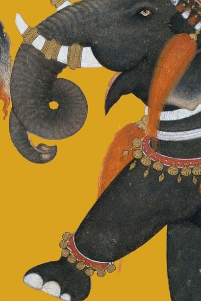 Detalle de "Príncipe cabalgando un elefante", Khem Karan, India, siglo XVII