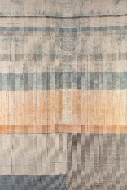 Elizabeth Hohimer, Running on Stardust, Running With Wolves (detail), 2024, Texas cotton, indigo, paper thread, pastel, linen, clay,
85 x 61 x 2 1/2 inches. Courtesy of the artist and Gerald Peters Contemporary