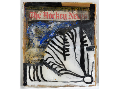 Mark DeLong, You are Beautiful Sometimes, 2014, acrylic pain, sour cream and resin on newspaper, 15h x 13w in.