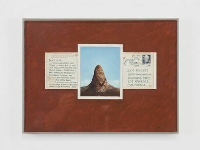 Llyn Foulkes, Esther, Maiden of Mesa Verde, 1974, Oil and acrylic on photograph with collage, Plexiglas frame: 10 1/2 x 14 1/2 inches (26.7 x 36.8 cm) Dated, lower right recto © Llyn Foulkes, photograph taken by Lance Brewer, courtesy of Andrea Rosen Gallery