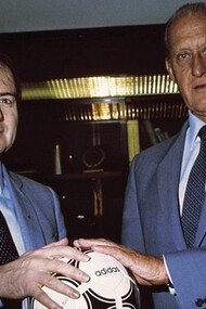 Joseph "Sepp" Blatter, General Secretary of FIFA, and João Havelange, President of FIFA, holding the Adidas Tango Spain, 1982