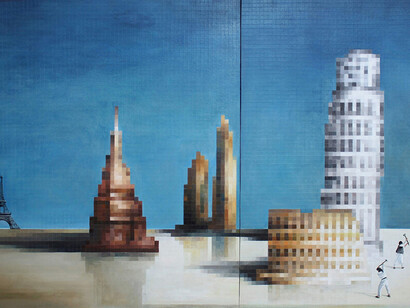 Salvo Ligama, Siamo a sud di Roma, 2015, acrilico e tempera su cartone, particolare, 80 x 140 cm