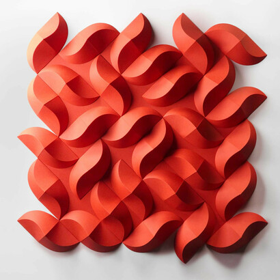 Matt Shlian, Omoplata 35 dagger moths in red. Paper, unframed, 22 x 22 x 2 inches. Courtesy of Heather Gaudio fine art
