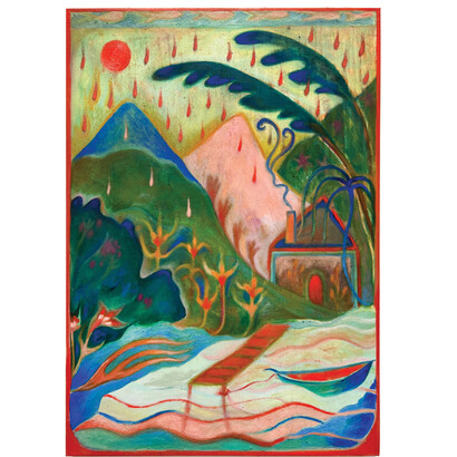 Margaret Thompson, Petrachor, 2023, oil, wax, Galisteo earth, Chimayo chili, raw pigment on canvas, 38x27 inches. Courtesy the artist and Red Arrow Gallery