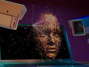 Digital surveillance and AI technology illustrated through cameras and facial recognition systems