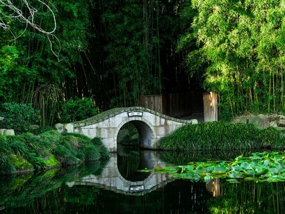 A tranquil bridge scene, mirroring the structural shifts required to turn natural beauty and clean energy into competitive advantage