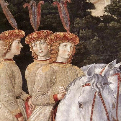 Ritratto delle figlie di Piero de Medici nel ciclo relativo alla Cavalcata dei Magi. Benozzo Gozzoli, 1459, Cappella dei Magi, Palazzo Medici Riccardi, Firenze