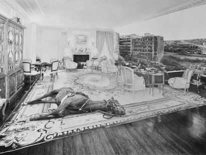 Jean Bedez, Alors surgit un autre cheval, rouge-feu, 2012, Dessin à la mine de graphite, papier canson 224g m2, 146 x 217 cm encadré, Courtesy Galerie Suzanne Tarasiève