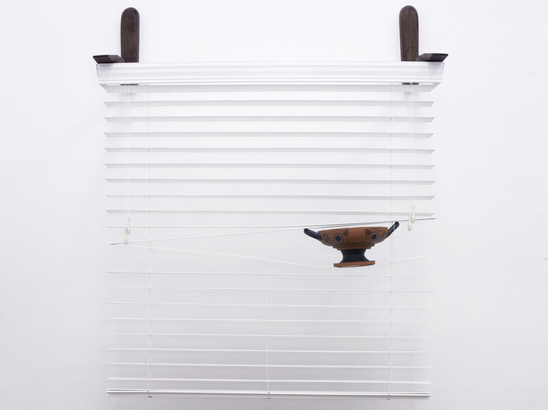 Cammie Staros, Shadow Side, Ceramic, wood, blinds, 48" x 18" x 64". Courtesy of the Artist and Ghebaly Gallery, Los Angeles