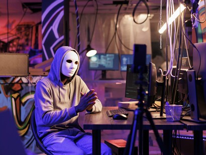 A masked individual seated before multiple computer displays, reflecting the deceptive tactics used in cyberattacks