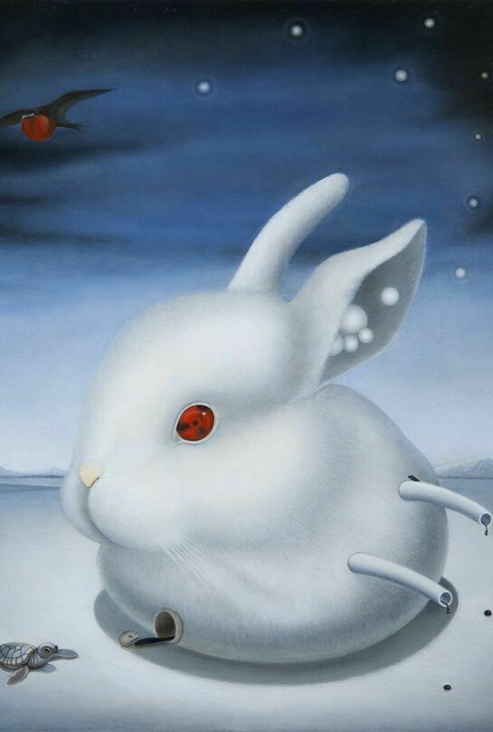 Conejo Atómico (detail), oil on wood, oil on wood , 10” x 10.25” unframed, 12.75” x 13” framed