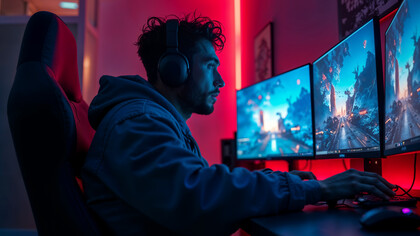 A boy playing computer games across three screens