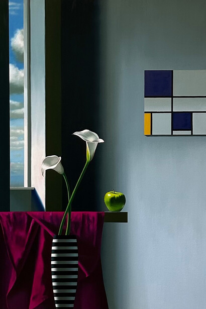 Bruce Cohen, Calla lilies and green apple, 2024. Courtesy of Berggruen Gallery 