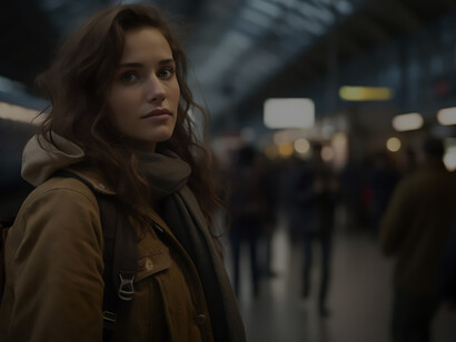 A young woman with her luggage at the train station, exploring immigration in Ireland