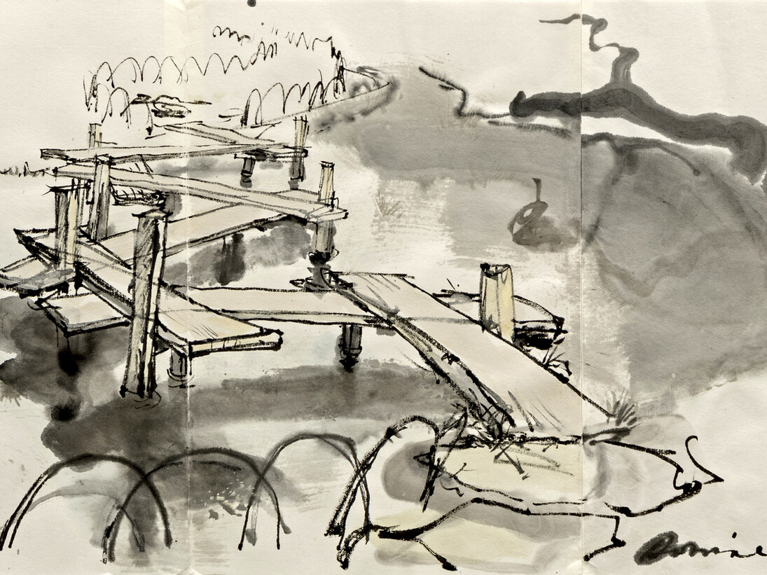Kate Downie, Zig-zag Bridge, Okayama, ink & watercolour on paper, 25 x 51 cm