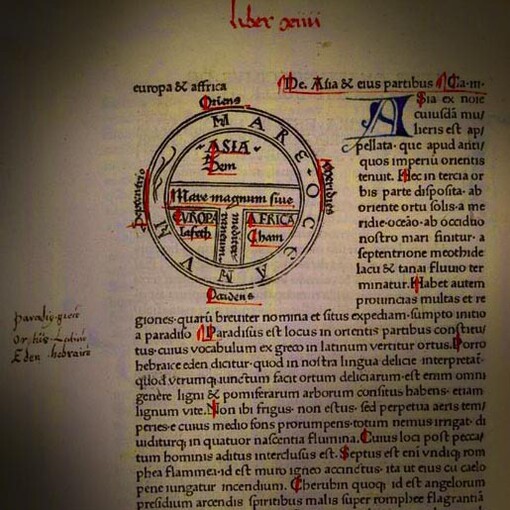 "Etymologiae", Isidoro di Siviglia. T e O "mappa mundi", mappa del mondo conosciuto. Il mondo è rappresentato come un cerchio diviso da una forma a "T" in tre continenti: Asia, Europa e Africa