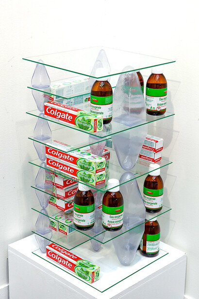 Patrick Jackson, Untitled (Colgate), 2013, Glass, "Colgate" tooth paste, medical water, plastic, 23 5/8 x 8 1/4 x 8 1/4 in. Courtesy Galerie GP & N Vallois, Paris