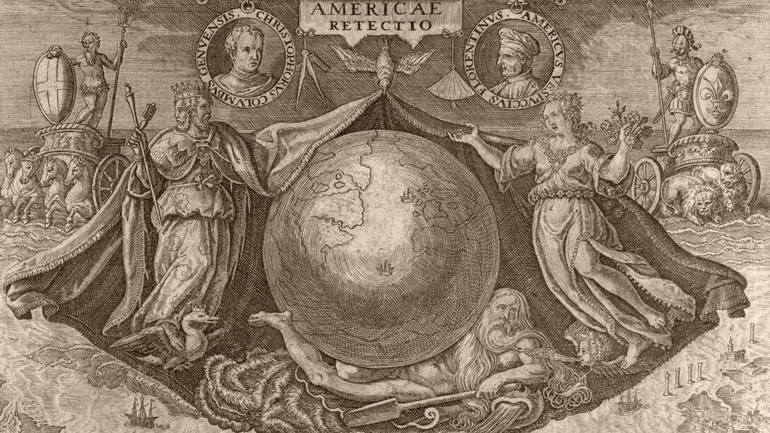 Théodore de Bry; El redescubrimiento de América: Cristóbal Colón, Génova / Américo Vespucci, Florencia