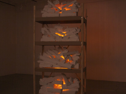 Tony Bragg, New Fire (shelves), 2014-2015
Hydrocal, foam, plywood, MDF, wire, reflective mylar, aluminum, motors, lightbulbs, and wiring, 108 x 50 x 26 in.
