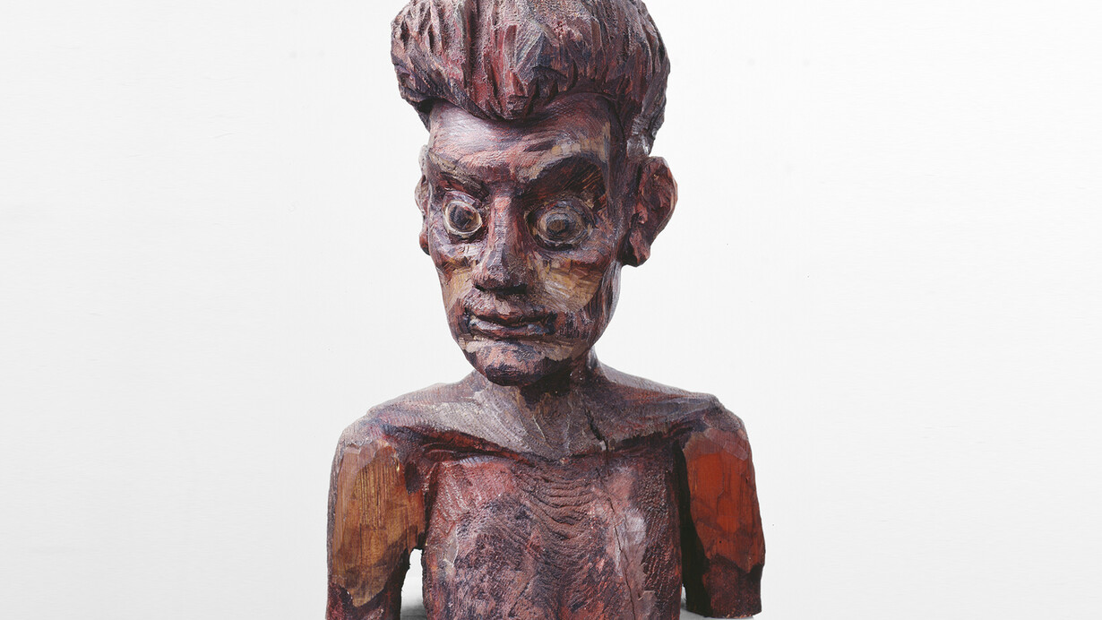 Hans Scheib, Head of a Young Man, 2005, acrylic on wood, 18 1/2 x 12 1/2 x 10 inches (47 x 31.8 x 25.4 cm)