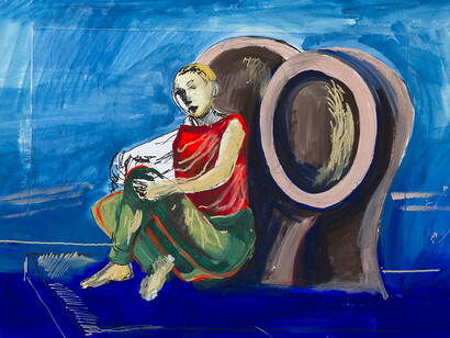 Dario Fo,
E io che ci sto a fare su questa nave,
2015,
Tecnica mista su tavola, 60 x 47,5 cm
(67 x 54 cm con cornice),
Archivio Franca Rame e Dario Fo