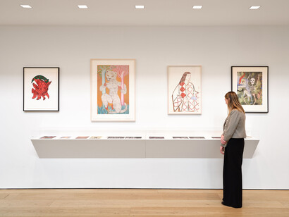 Cecilia Vicuña, La migranta blue nipple, exhibition view. Courtesy of Lehmann Maupin Gallery