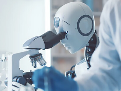 Laboratory efficiency with AI-powered robot meticulously analyzing samples under a high-resolution microscope
