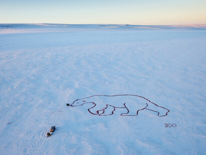 The Icelandic artist Bjargey Ólafsdóttir painted "Red Polar Bear" (2010) on Langjökull Glacier to draw attention to activists’ demands that states agree to reduce the amount of CO2 in the atmosphere from its current level of 400 parts per million to below 350 ppm. Courtesy of Christopher Lund