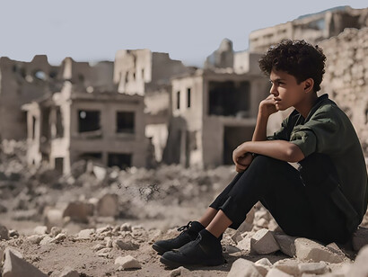 A young man sits contemplatively amidst the remnants of an old, abandoned house