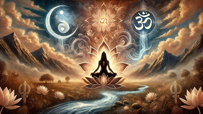 A serene mystical scene inspired by the spiritual principles of Tantra, blending elements of the divine union of Shakti and Shiva