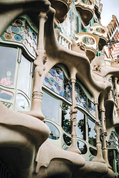 Barcelona, Spain, architectural detail of Casa Batlló, Antoni Gaudí’s 1904 remodel of an earlier building, now regarded as one of his greatest masterpieces