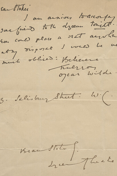 Oscar Wilde (1854–1900). Autograph letter signed, to Bram Stoker, London, [1879 or 1880]. Collection of Pedro Corrêa do Lago.