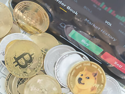 Cryptocurrency and Binance trading app with BNB altcoin on iPad, showcasing DeFi, P2P transactions, and NFTs