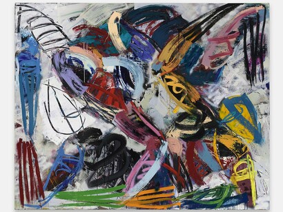 Xavier Baxter, Falling Down, 2024, oil on canvas,
87 x 107 inches, 221 x 272 cm. Courtesy of the artist and The Hole