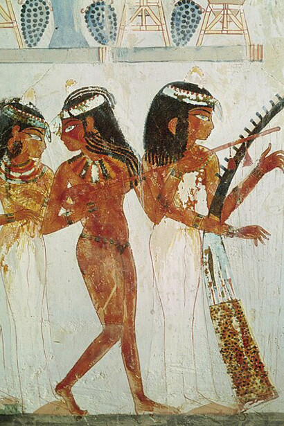 Musicians and a dancer from the Tomb of Nakht, 18th Dynasty, New Kingdom, Egypt, featuring an arched harp, circa 1422-1411 BCE