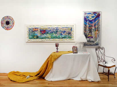 Curated by Louis Bofferding: 1. Thomas Lanigan-Schmidt, Untitled (Paten), c. 1995; 2. Thomas Lanigan-Schmidt, Spaghetti Spun like Cotton Candy, 1984; 3. Thomas Lanigan-Schmidt, Rat, c. 1970; 4. Thomas Lanigan-Schmidt, Chalice, 1968; 5. Thomas Lanigan-Schmidt, Twinky as a Gypsy Maiden (Self Portrait), 1967-69; 6. English, 20th Century lamp, courtesy Louis Bofferding; 7. Thomas Lanigan-Schmidt, Untitled (Rose Color Glasses), c. 1980s; 8. Thomas Lanigan-Schmidt, Foreplay (Non-Finito) Reaching for the Moon, 1986-
87; 9. French, 20th Century Armchair, courtesy Louis Bofferding