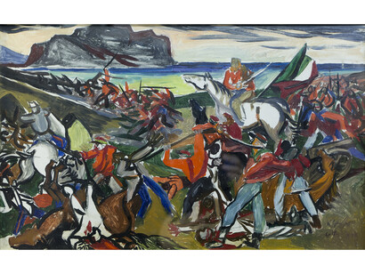 Renato Guttuso, Battaglia ponte ammiraglio, Olio su tela, 37,5 x 60 cm, 1951, Collezione privata, Palermo